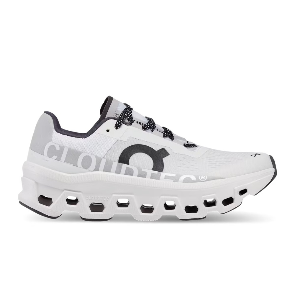 On Cloudmonster Running White and Gray Athletic Shoes